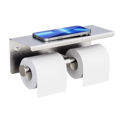 Double Toilet Paper Holder with Shelf, Wall Mount Tissue Roll Holder for Bathroom, 304 Stainless Steel Commercial Toilet Paper Dispenser with Phone Shelf, Brushed Nickel - color: Brushed Nickel