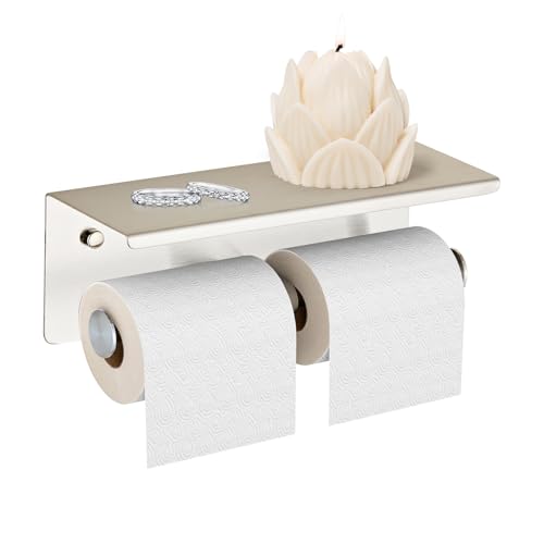 Brushed Double Paper Holder with Shelf, Toilet Roll Holder for Bathroom | Wall Mounted SUS 304 Stainless Steel Toilet Tissue Holder YIGUANXIN - color: Brushed
