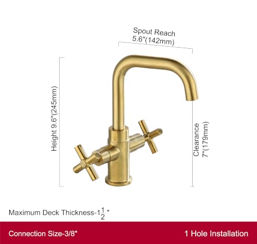 Modern Brushed Gold Bathroom Sink Faucet, 4 Inch Single Hole or 3 Hole Centerset, 2-Handle Cross Handle, 360-Degree Swivel Spout, 1.2 GPM Soft Water Flow, Pop Up Drain - color: Brushed Gold