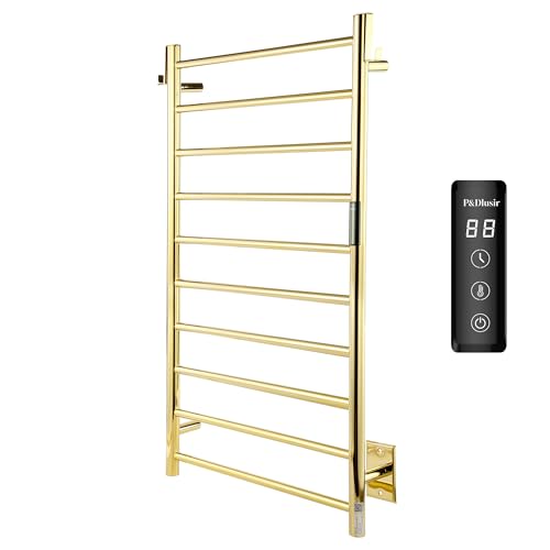 P&Dlusir EL13 Heated Towel Rack, Polished Gold, 10 Bar | Fast Heat in 2 Min, Smart Timer, Thermo Control, Memory Functoion, Stainless Steel, Hard-Wired/Plug-in - color: Polished Gold, size: 21.65"W x 39.37"H