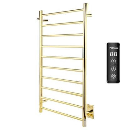 P&Dlusir EL13 Heated Towel Rack, Polished Gold, 10 Bar | Fast Heat in 2 Min, Smart Timer, Thermo Control, Memory Functoion, Stainless Steel, Hard-Wired/Plug-in - color: Polished Gold, size: 21.65"W x 39.37"H