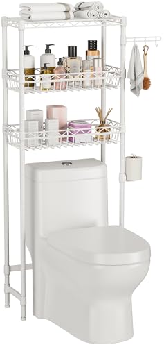 Golpart 3-Tier Over-The-Toilet Storage Shelf,Heavy-Duty Adjustable Bathroom Rack with 2 Mesh Baskets,Toilet Paper Holder & Hooks,Space-Saving Organizer for Bathroom,10”D x 24”W x 66”H,White