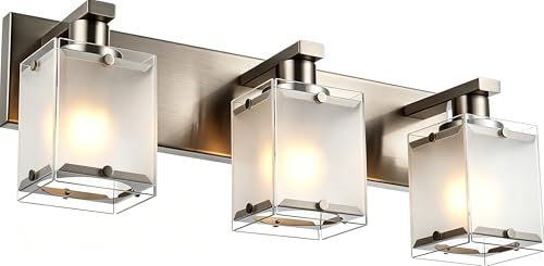 Modern 3-Lights Brushed Nickel Vanity Lights, Bathroom Light Fixture Over Mirror Wall Lighting Sconces with Frosted Glass Shades, E26 Bulb Base - color: Brushed Nickel, Frosted Glass, size: 3-Lights