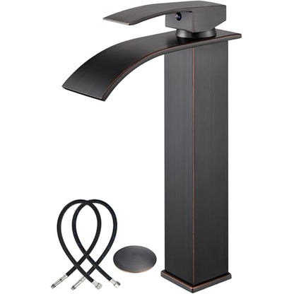 Midanya Waterfall Tall Bathroom Vessel Sink Faucet,Oil Rubbed Bronze | with 24” cUPC Water Hoses,Pop Up Drain without Overflow,for 1 hole Vanity,RV,Lavatory,Bowl,Farmhouse,SUS304,Single Handle - color: Bronze