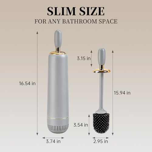 Toilet Brush and Holder Set, Luxury Toilet Brush & Sleek Stand, High-End Modern Silicone Toilet Brush Set, Non-Scratch Hygienic, Odor-Free Design - Easy to Clean (Matte Grey + Gold, B) Father's Day - color: Matte Grey + Gold