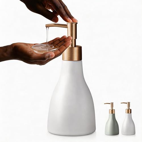 Gold Dispenser Bottle for Bathroom Countertop, Ceramic White Dish Soap Dispenser for Kitchen Sink Soap Pump Lotion, Modern Hand Soap Dispenser with Gold Pump for Liquid Laundry Shower 280ml - color: White
