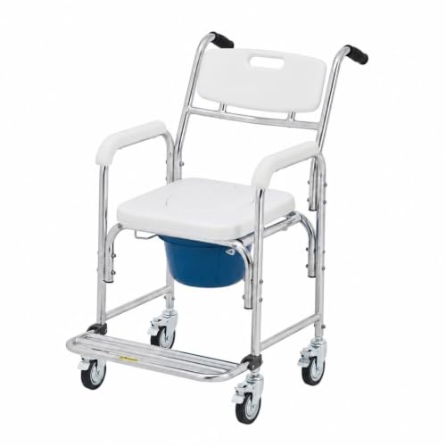 Bedside Commode Chair with Wheels, 350 lb Capacity, 4-in-1 Rolling Shower Chair, Portable Commode Toilet, Raised Toilet Seat with Padded Seat, Backrest & Flip-Up Footrest, Detachable 5L Bucket - size: Commode Chair with Wheels