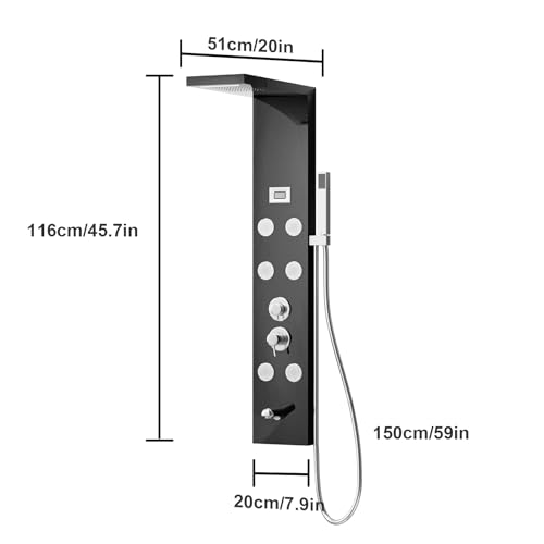 Shower Panels System with Adjustable Rainfall Shower Head and 6 Body Massage Jets, Easy Temperature Control Anti-limescale Bath Screen Shower Head Set Gentle and Rain-Like Spray Handheld Sh