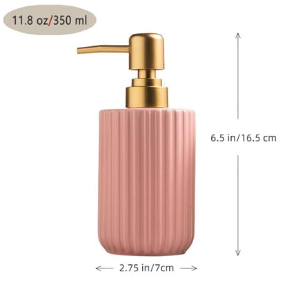 Chic Soap Dispenser, Vertical Stripe Design with Gold Pump(Pink) | Cylinder-Shaped Ceramic Lotion Dispenser - color: Pink