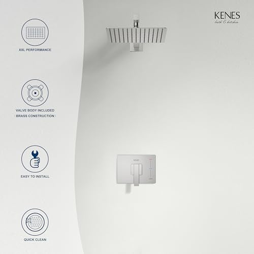 KENES Brushed Nickel 10-Inch Shower Head and Handle Set, Square Shower Faucet Set Bathroom Rainfall Shower System Wall Mount, KE-6024B (Shower Valve Included) - color: Brushed Nickel, style: Shower Faucet Set