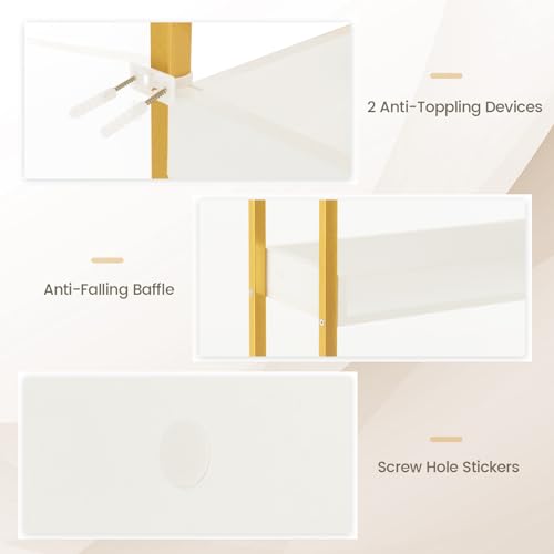 Giantex Over The Toilet Storage Shelf, 3-Tier Freestanding Space Saver Above Toilet with 4 Hooks, Adjustable Bottom Bar, Over Toilet Bathroom Organizer for Restroom, Laundry, Easy Assembly - color: White + Gold