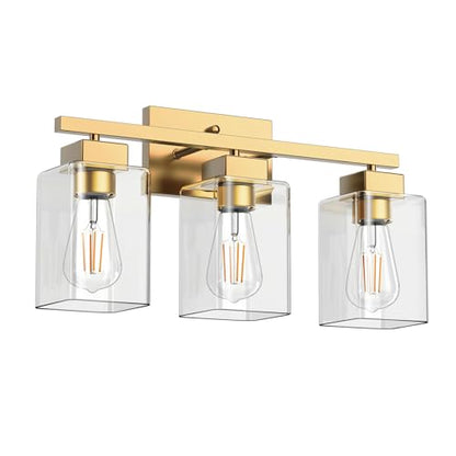 3-Light Bathroom Light Fixtures, Brushed Gold Modern Vanity Lights, Bathroom Lighting Fixtures Over Mirror, Square Design Farmhouse Wall Sconces with Clear Glass Shades - color: Brushed Gold, size: 3-Light