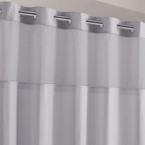 Hookless It’s A Snap! Waffle Stripe Shower Curtain, 2-in-1 Shower Curtain Includes Fabric Shower Curtain with Sheer Top Window and Flex-On Rings, Liner Compatible, 71” x 74”, Light Grey - color: Light Grey Stripe, size: 71"W x 74"L (Pack of 1), style: Wit