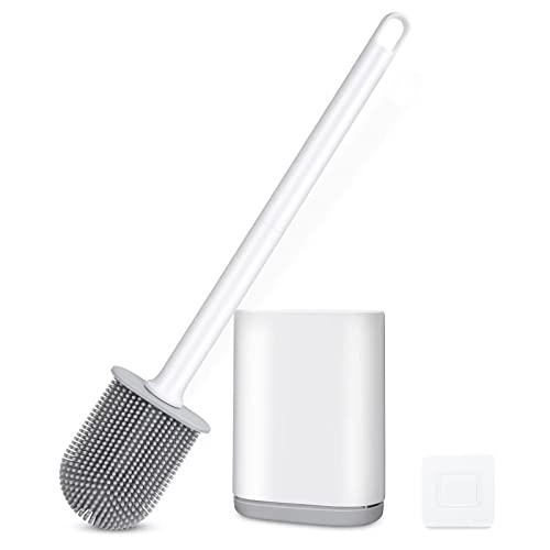 Silicone Toilet Brush and Holder, Wall Mounted No Rust Problem White | TPR Small and compact Flex Flat head Scrubber Ergonomics Modern Cute Bendable Matte Hidden Bathtub - color: White