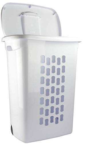 Sterilite Ultra Wheeled Laundry Hamper with Lid, Handle and Wheels for Easy Rolling of Clothes to and from the Laundry Room, Plastic, White, 1-Pack, Portable