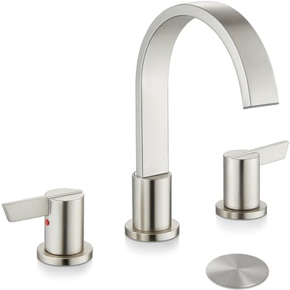 Midanya 8 Inch Widespread Bathroom Sink Faucet 3 Hole,Brushed Nickel | Waterfall Swivel Spout,2 Handle,SUS304,with Pop Up Drain,cUPC 24" Water Hose,for 6-16” hole distance vanity,RV,Farmhouse Sink - color: Nickel
