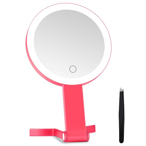 MIYADIVA Lighted Makeup Mirror, 30X Magnifying Mirror with Light, Hanging and Handheld Mirror with Handle, Red - color: Red