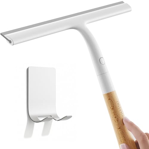 Shower Squeegee for Glass Doors, Streak-Free Silicone Window Cleaner with Detachable Wood Handle & Hook, Rust-Proof Bathroom Squeegee for Mirror, Tile Wall, Car Windshield, 10 Inch White - size: 1pack