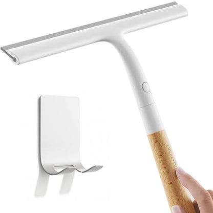 Shower Squeegee for Glass Doors, Streak-Free Silicone Window Cleaner with Detachable Wood Handle & Hook, Rust-Proof Bathroom Squeegee for Mirror, Tile Wall, Car Windshield, 10 Inch White - size: 1pack