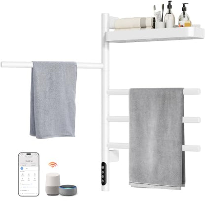 ENZE Smart Rotating Heated Towel Rack, 4-Bar, White | Wall-Mounted Electric Towel Warmer, Swivel Shelf, Wi-Fi App Control, 24H Timer, Stainless Steel - color: White 17.72"x26.77"