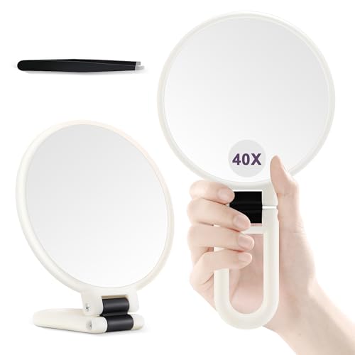 40X Magnifying Mirror, Hand Mirror with Handle, Double Sided Hand Mirror with 40X/1X Magnification, Travel Essential Portable Foldable Makeup Mirror for Precision Makeup White - color: White40x