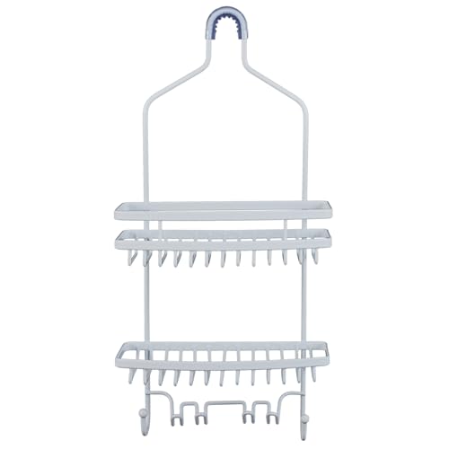 Bath Bliss Shower Head Caddy, Suction Cup Backing, 2 Tier Shelving & 6 Accessory Hooks, White (23386-WHITE) - color: White