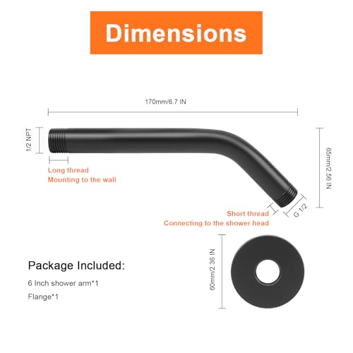 Shower Arm with Flange and Teflon Tape, Wall Mounted Shower Pipe 304 Stainless Steel Extension Arm for Fixed Shower Head & Handheld (6 Inch, Matte Black) - color: Matte Black, style: 6 Inch