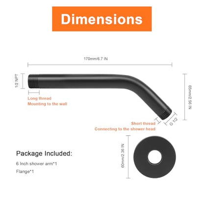 Shower Arm with Flange and Teflon Tape, Wall Mounted Shower Pipe 304 Stainless Steel Extension Arm for Fixed Shower Head & Handheld (6 Inch, Matte Black) - color: Matte Black, style: 6 Inch
