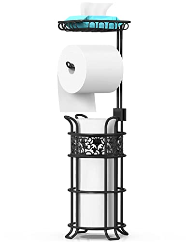 Toilet Paper Holder Stand with Shelf, Free Standing Toilet Paper Roll Dispenser Holds 3 Big Rolls of Jumbo Mega Paper, for RV Bathroom, Floral Pattern, Black - color: Black