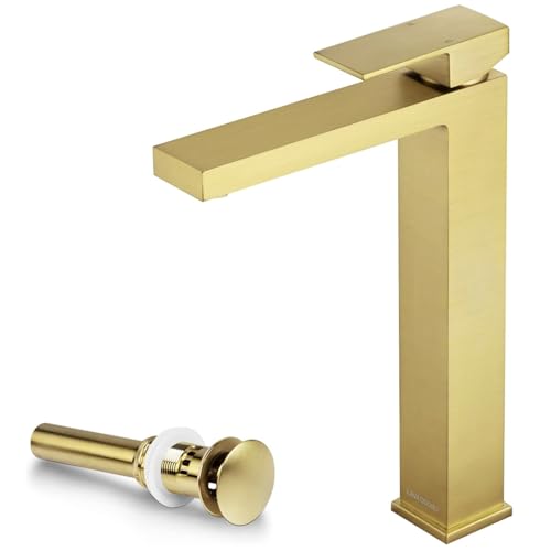 Gold Vessel Sink Faucet, BF307-T-SG | Brushed Gold Single Hole Bowl Sink Faucet Tall Bathroom Faucet Single Handle with Pop up Drain Assembly - color: Brushed Gold (Tall)