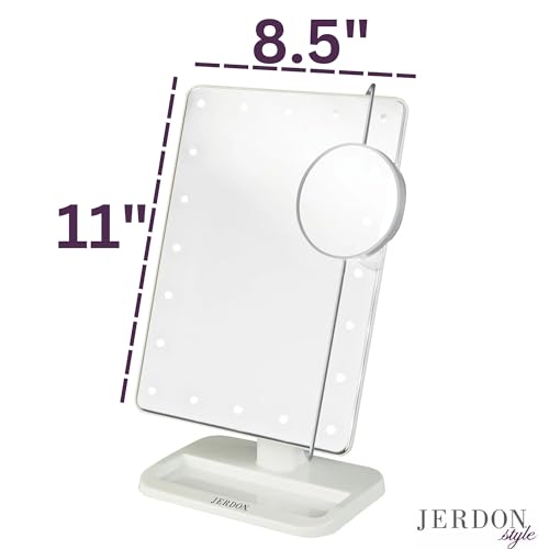 Jerdon 8-Inch by 11-Inch Lighted Vanity Mirror - Rectangular Tabletop Mirror in White with 10X Magnification Spot Mirror - Model JS811W