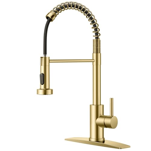 FORIOUS Gold Kitchen Sink Faucet, Pull Down Sprayer, Classic High Arc | Lead-Free Stainless Steel, Single Handle Commercial Spring Kitchen Faucets for Laundry Utility Room, Outdoor Farmhouse Camper - color: Gold