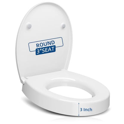 Elevated Toilet seat 3 Inch, Round Toilet seat risers for Seniors, Slow Close, Heavy Duty, Never Loosen, Raised Toilet seat Round Bowl, White(17.3”)