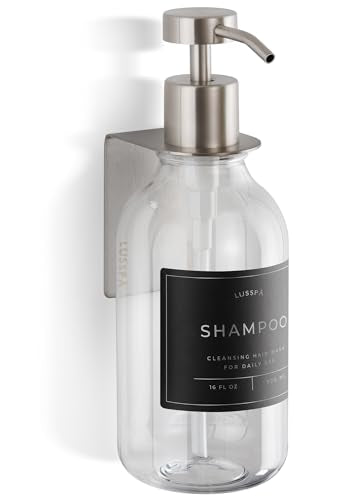 Shower Shampoo Dispenser Wall Mounted – Refillable 16.9 oz Clear Bottle with Stainless Steel Pump & No-Drill Adhesive Holder – Soap Dispenser for Bathroom (1 X Clear/Silver) - color: 1 X Clear/Silver