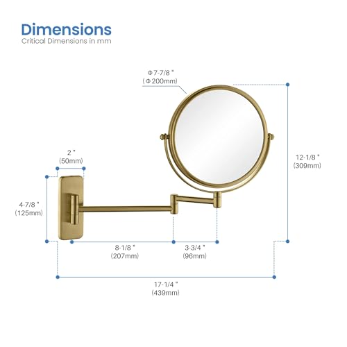 Circular Wall Mount Makeup Mirror, Dual-Sided 1x/5x Magnifying Mirror with Extendable Arm, 360° Swivel, Solid Brass Construction for Durability and Style (Brushed Brass - KMM100) - color: Brushed Brass
