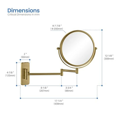 Circular Wall Mount Makeup Mirror, Dual-Sided 1x/5x Magnifying Mirror with Extendable Arm, 360° Swivel, Solid Brass Construction for Durability and Style (Brushed Brass - KMM100) - color: Brushed Brass