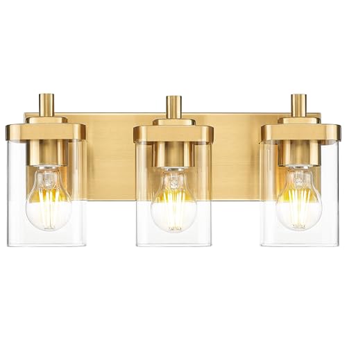 3-Light Brushed Gold Bathroom Vanity Light, Square Clear Glass Shade | 16.5" modern bathroom light fixtures over mirror, E26 base, bulbs not included, VL194-BG-3 - color: Gold, Square Glass Shade, size: 3-light