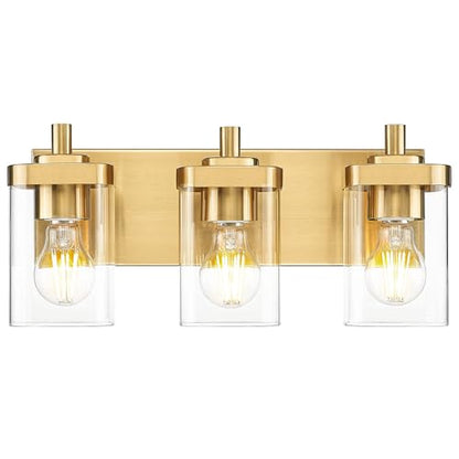 3-Light Brushed Gold Bathroom Vanity Light, Square Clear Glass Shade | 16.5" modern bathroom light fixtures over mirror, E26 base, bulbs not included, VL194-BG-3 - color: Gold, Square Glass Shade, size: 3-light