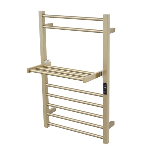Heated Towel Warmer Rack Electric Bathroom with Voice Control Alexa & Google Home,TUYA Wall-Mounted,Stainless Steel,31.5x19.69x11.61in,Foldable Storage,Plug-in,Brushed Brass,10 Bars - color: Brushed Brass With Wifi & Shelf