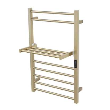 Heated Towel Warmer Rack Electric Bathroom with Voice Control Alexa & Google Home,TUYA Wall-Mounted,Stainless Steel,31.5x19.69x11.61in,Foldable Storage,Plug-in,Brushed Brass,10 Bars - color: Brushed Brass With Wifi & Shelf