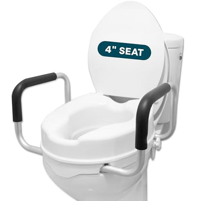 PEPE Mobility Raised Toilet Seat with Handles and Lid for Elderly 4" High, Fits Round and Elongated up to 15" Wide, Commode Seat with Sturdy Brackets, Medical Aid - color: White