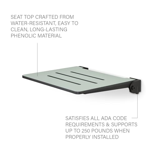 18 inch Silhouette Slimline Folding Wall Mount Shower Bench Seat, Sea Green Seat with Matte Black Frame - color: Sea Green Seat With Matte Black Frame