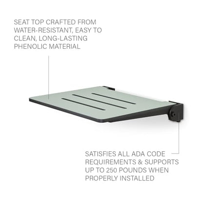 18 inch Silhouette Slimline Folding Wall Mount Shower Bench Seat, Sea Green Seat with Matte Black Frame - color: Sea Green Seat With Matte Black Frame