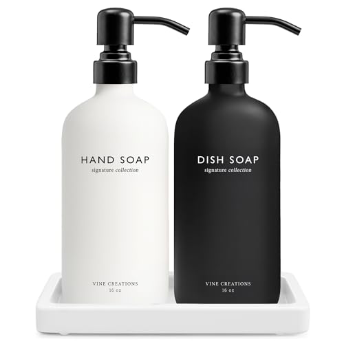 Vine Creations Glass Soap Dispenser Set, Kitchen Soap Dispenser Set with Ceramic Tray, 16 oz Dish Soap and Hand Soap Dispensers with Stainless Steel Pump Decor (White and Black Bottles/Matte Black) - color: Black and White Bottle / Matte Black Pump