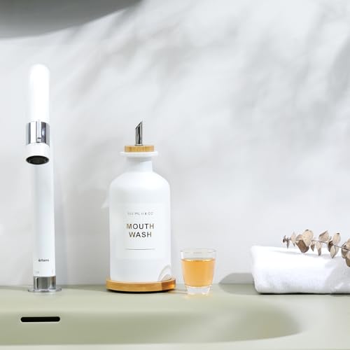11.8OZ Mouthwash Dispenser for Bathroom, White | Bamboo & Stainless Steel Pour Spout, Mouthwash Cup Reusable, Bamboo Tray, Elegant Gold Label - color: White/350*1