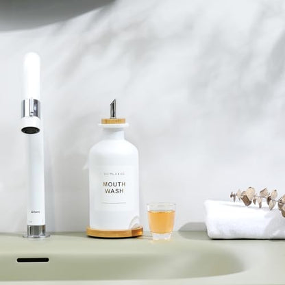 11.8OZ Mouthwash Dispenser for Bathroom, White | Bamboo & Stainless Steel Pour Spout, Mouthwash Cup Reusable, Bamboo Tray, Elegant Gold Label - color: White/350*1