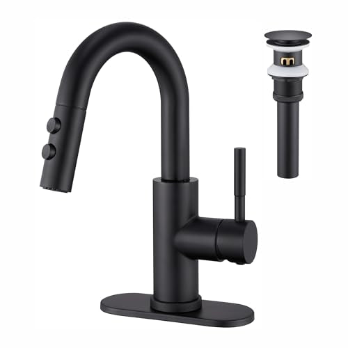 Bathroom Faucet with Sprayer, Matte Black Single Hole with Pop-Up Drain | Kablle Single Handle Pull Out 1 or 3 Hole Laundry Bar Basin Faucet with Deck Plate, KBL-7002B-CL - color: Matte Black