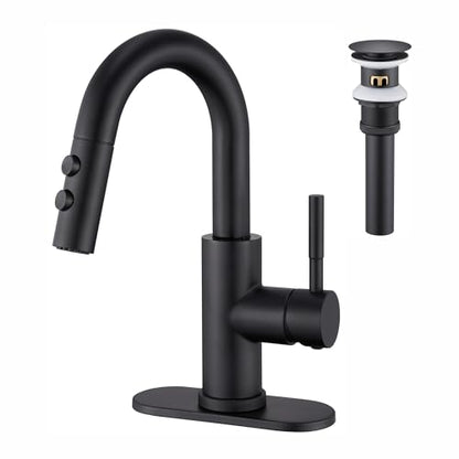 Bathroom Faucet with Sprayer, Matte Black Single Hole with Pop-Up Drain | Kablle Single Handle Pull Out 1 or 3 Hole Laundry Bar Basin Faucet with Deck Plate, KBL-7002B-CL - color: Matte Black