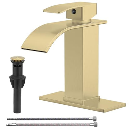 Bathroom Sink Faucet Waterfall Single Handle with Deck Plate | Brushed Gold,Pop Up Drain,Single Hole,Precise Water Adjustment,Rust-resistant Construction,Easy to Clean,Long-lasting Use - color: Brushed Gold, size: Modern Bathroom Sink Faucet