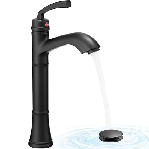 Brass Vessel Sink Faucet Black Single Handle, Tall Bathroom Faucets for Vessel Sinks 1 Hole with Pop-Up Drain, Pre-Installed Hoses, Removable Aerator - color: Matte Black